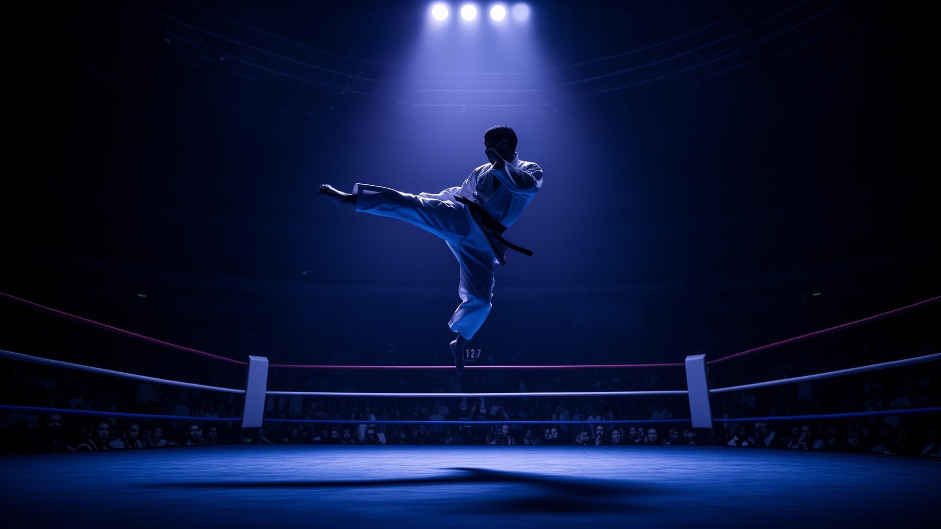 Martial artist mid-kick in arena